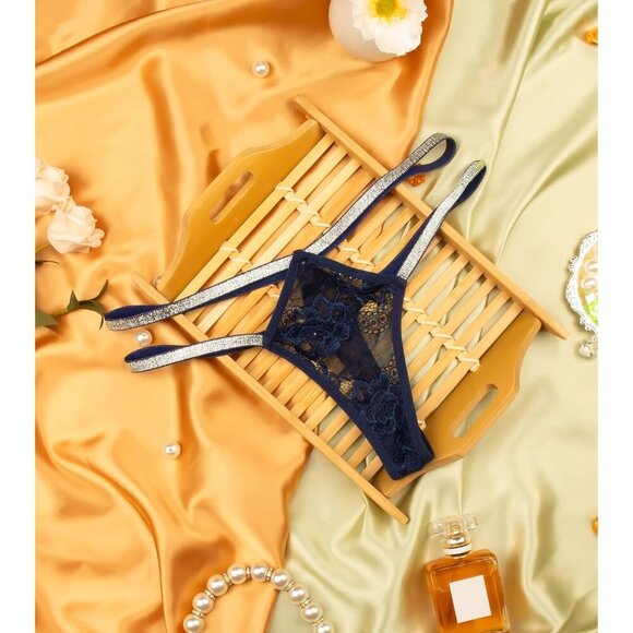 🆕Women’s Navy Blue Polyamide Glitter Strappy Lace Sexy Breathable Underwear - Picture 6 of 7
